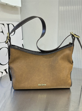 MASHA时髦轻奢复古大容量托特包女焦糖色撞色拼接斜挎包美拉德风