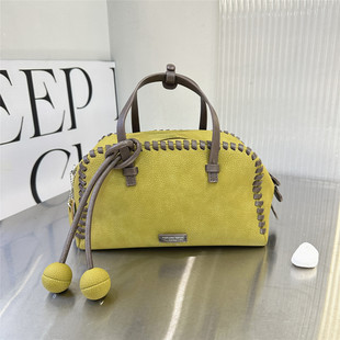 MSAER黄色编织手提包女百搭通勤斜挎包高级感保龄球包2026新款包