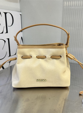 MASHA小众设计复古手提包女通勤单肩斜挎凯莉包抽绳束口包水桶包