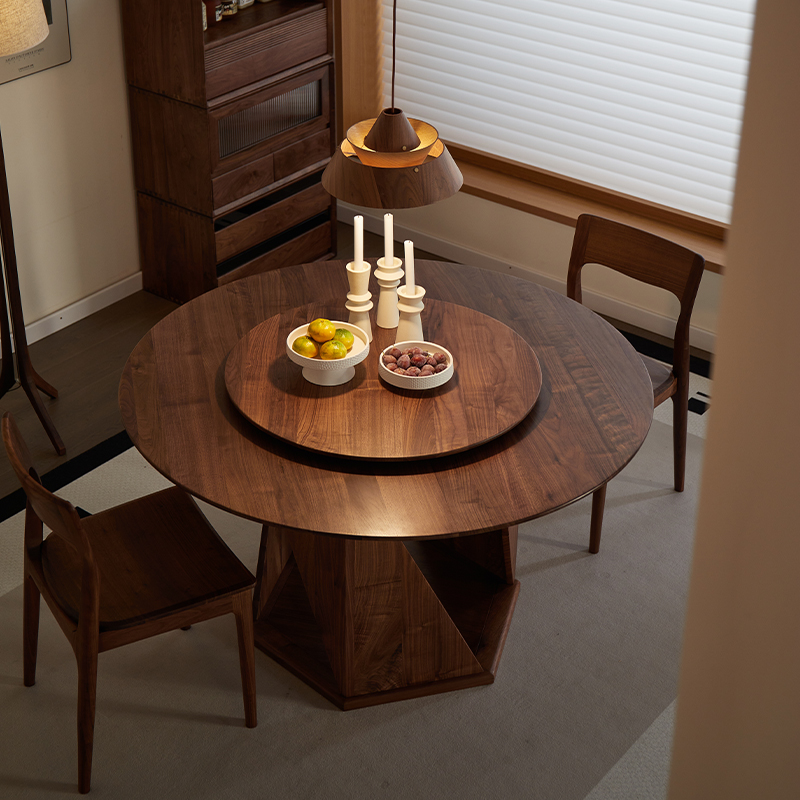 带转盘实木家用饭桌子圆形北美