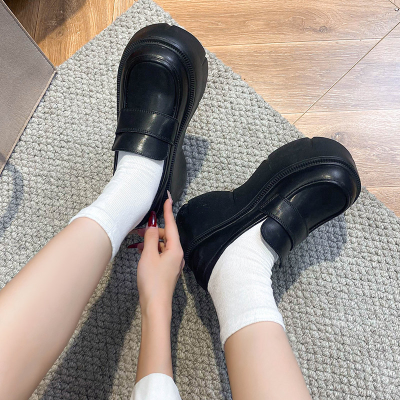 坡跟增高乐福鞋黑色小个子厚底小皮鞋女松糕一脚蹬圆头配裙子单鞋,女鞋,乐福鞋（豆豆鞋）,淘宝优惠券,粉丝福利购,淘宝优惠卷