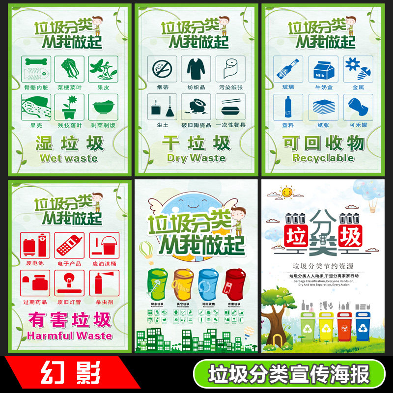 垃圾分类宣传海报标语展板圾桶可回收不可回收标识贴纸环境保护挂图