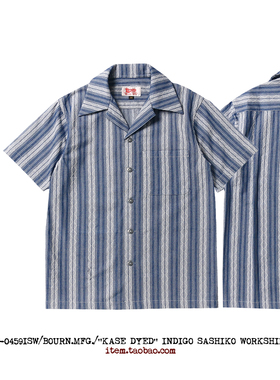 Bourn 定纺NATURAL INDIGO蓝染天然染色织刺子条纹短袖夏威夷衬衫