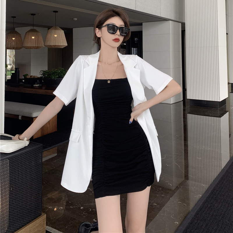 Real price versatile Pleated Dress with hip and slim suspender skirt + thin Blazer coat