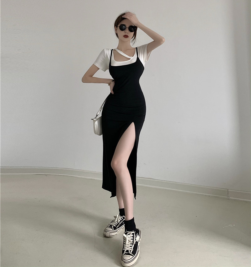 Real shooting and real price versatile square neck short sleeve T-shirt + slim split suspender dress 2-piece set