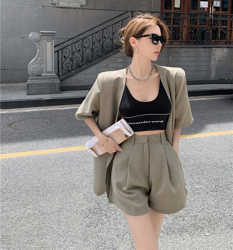 Real price, versatile, loose short sleeve suit coat + high waist straight tube wide leg trousers and shorts