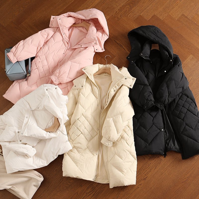 今冬爆款羽绒服!韩系保暖穿搭~90%白鸭绒连帽中长厚款显瘦外套女