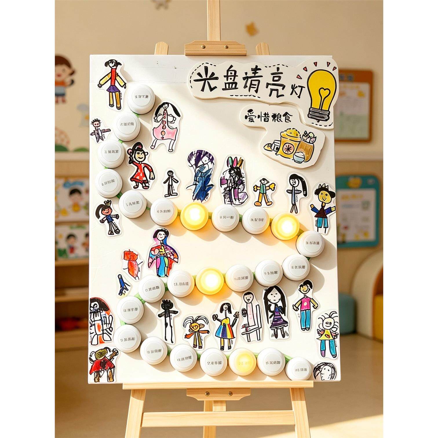幼儿园中班大班光盘行动亮灯环创展板装饰拍拍灯儿童签到互动装置
