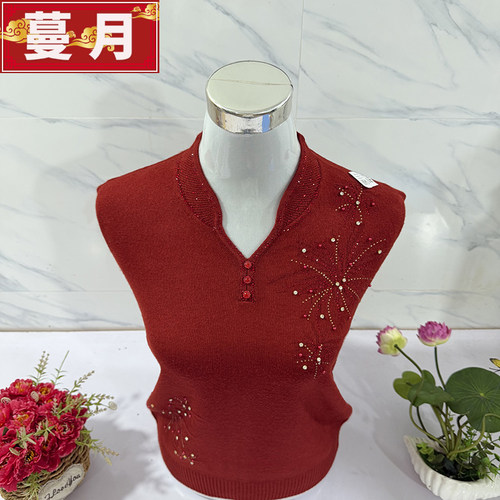 妈妈装红色V领烫钻羊毛衫