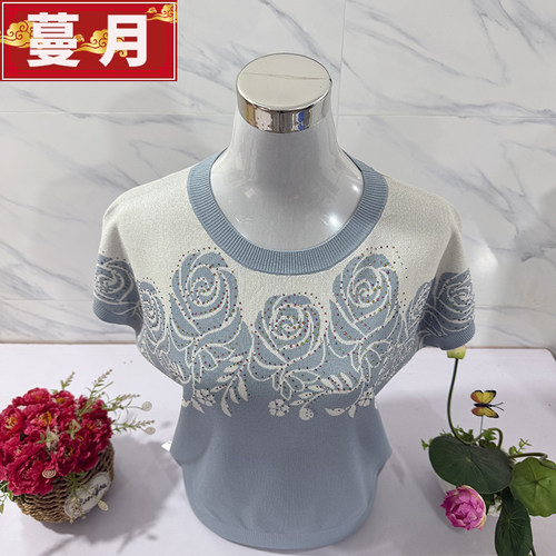 妈妈天丝短袖T恤遮肚烫钻玫瑰