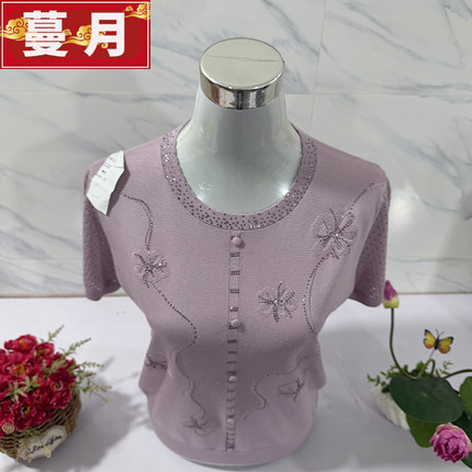 妈妈装夏季圆领烫钻针织短袖洋气提花中老年女装薄款天丝上衣套头