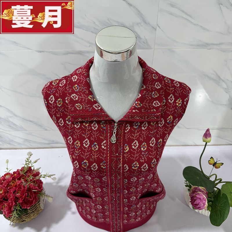 中老年女花色外套宽松毛衣拉链款