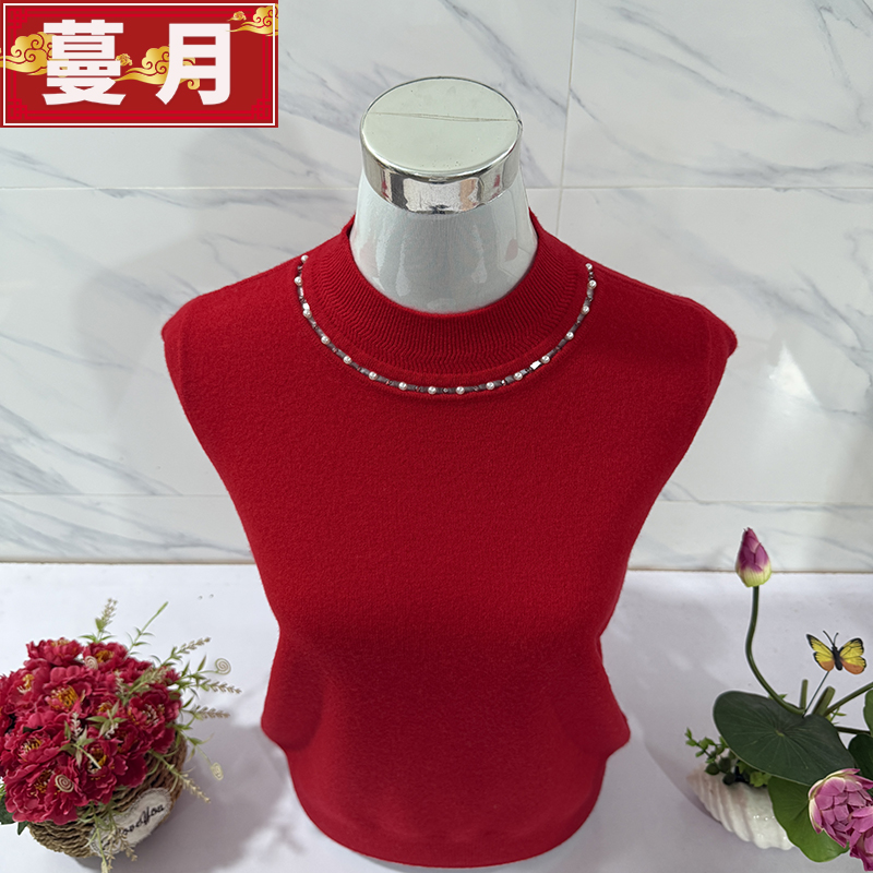 中老年人女秋冬季100%纯羊毛针织打底小衫本命年大红色半高领毛衣