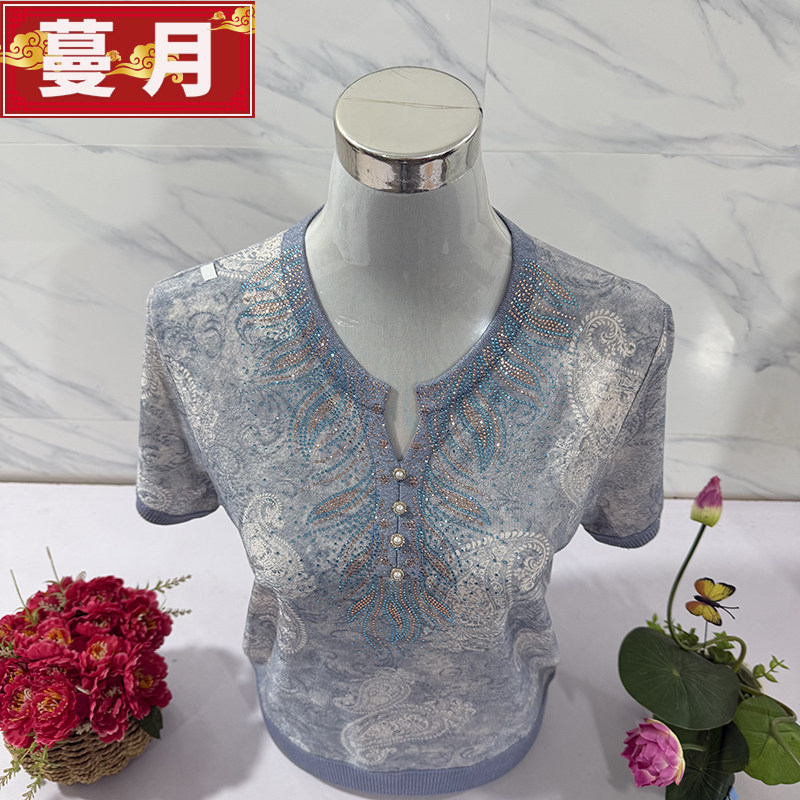 中老年妈妈夏装天丝短袖T恤洋气半开领烫钻小衫中年妇女奶奶上衣