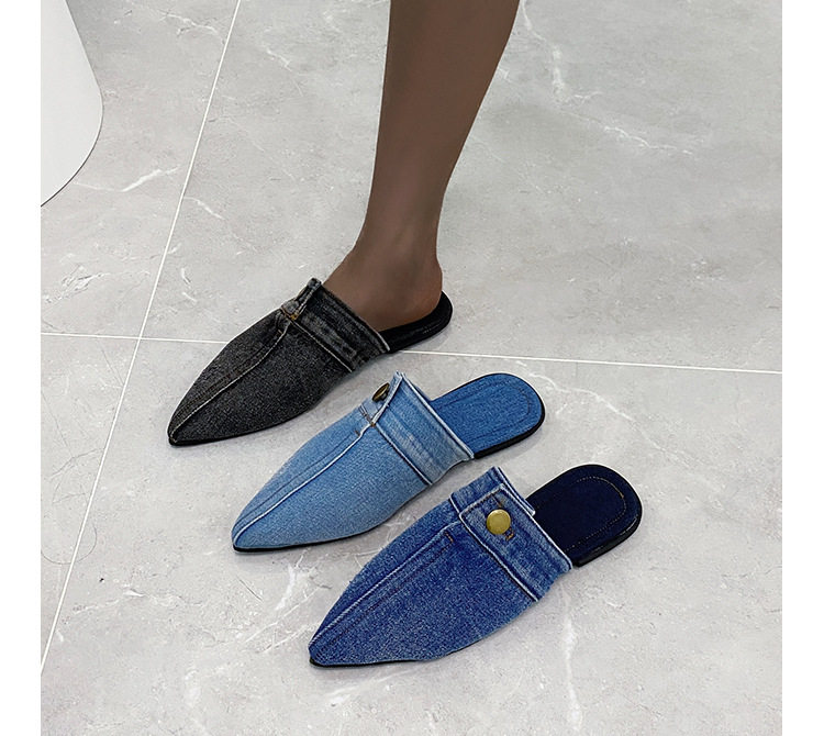 平底女半拖鞋尖头牛仔布拖鞋women flat slippers denim sandals
