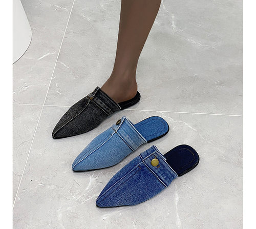 平底女半拖鞋尖头牛仔布拖鞋women Flat slippers denim sandals