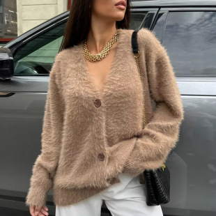 women Sweater knitted top casual cardigan neck Mink loose