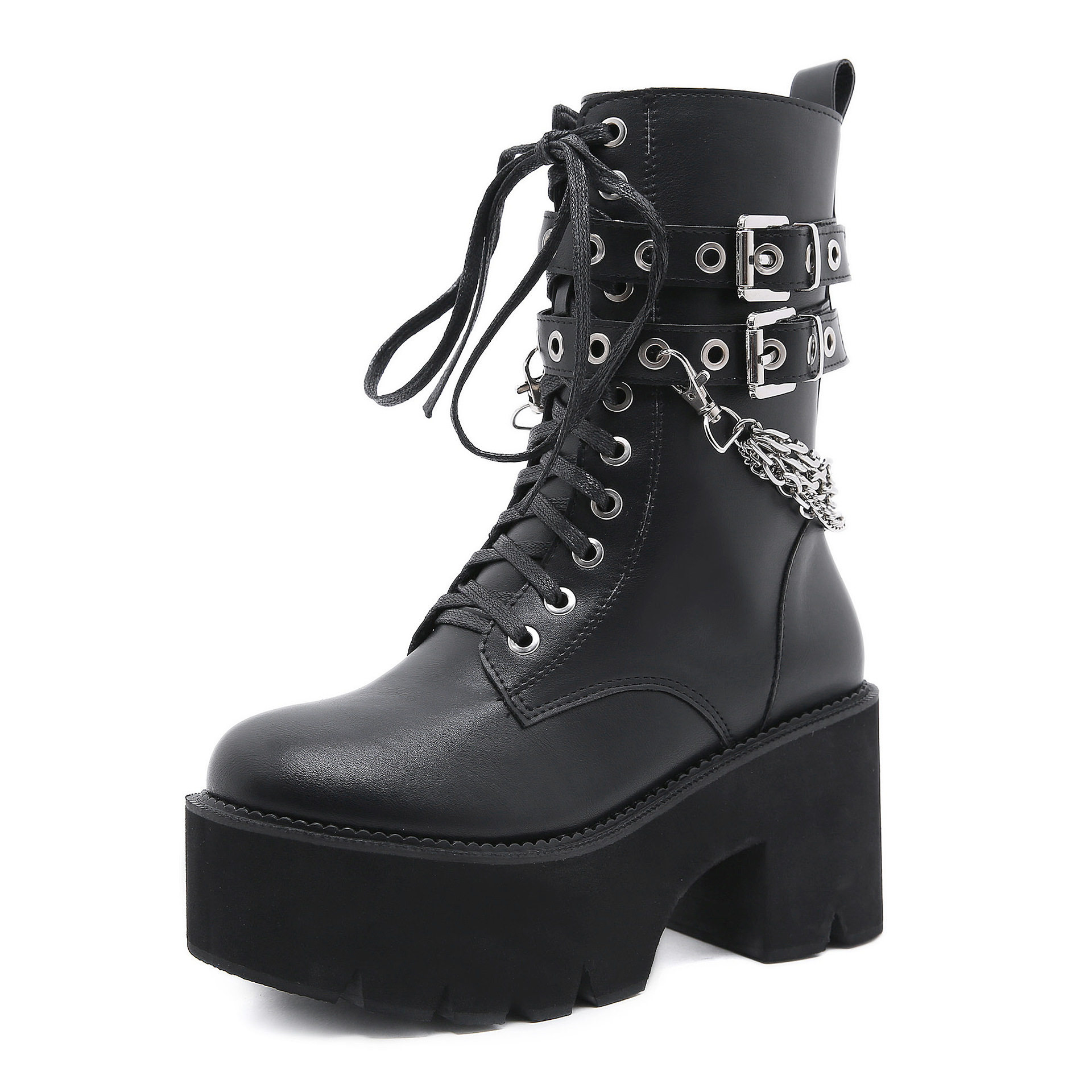 铆钉松糕女链条马丁靴大码43women high heel boots martin shoes