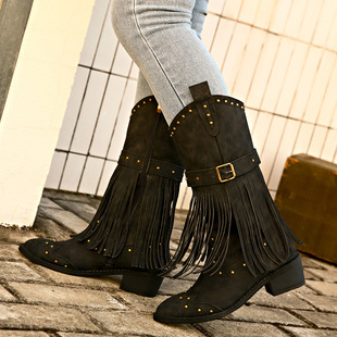 Knight women boots 女42 tassel 女骑士靴流苏靴中筒靴大码