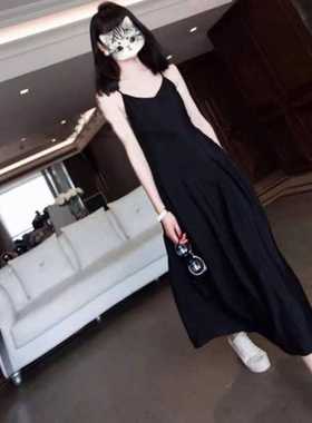 法式显瘦轻熟高贵黑色大码吊带连衣裙女夏季打底长裙赫本风小黑裙