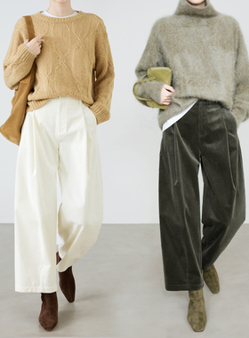 夏莫卡白色灯芯绒九分裤女秋冬厚款复古老钱风显瘦条绒阔腿裤9716