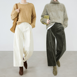 9716 复古老钱风显瘦条绒阔腿裤 夏莫卡白色灯芯绒九分裤 女秋冬厚款