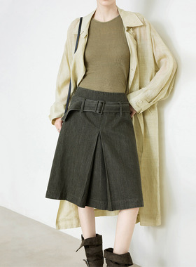 夏莫卡丛林绿半身裙2026新款时髦百褶A字中裙进口棉麻牛仔裙6884