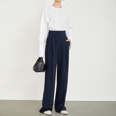 垂感显瘦阔腿裤 夏莫卡藏蓝色西装 系带直筒裤 女春夏新款 加长6491 裤