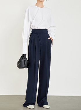 夏莫卡藏蓝色西装裤女春夏新款系带直筒裤垂感显瘦阔腿裤加长6491