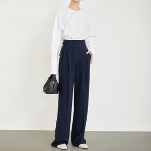 夏莫卡藏蓝色绑带裤子垂感休闲阔腿裤高级感显瘦直筒西装裤女6491