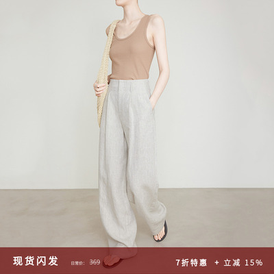 夏莫卡100%原麻色休闲阔腿裤