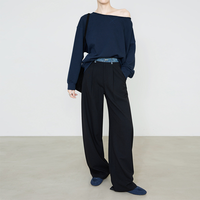 夏莫卡拼接牛仔腰天丝羊毛阔腿裤