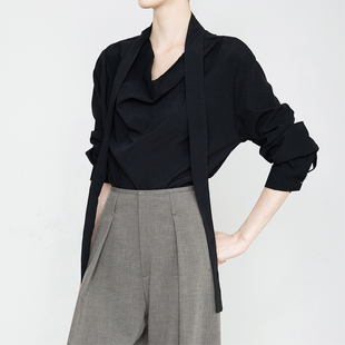 显瘦荡荡领飘带衬衣S7960 小资上衣长袖 夏莫卡通勤黑色衬衫 女法式