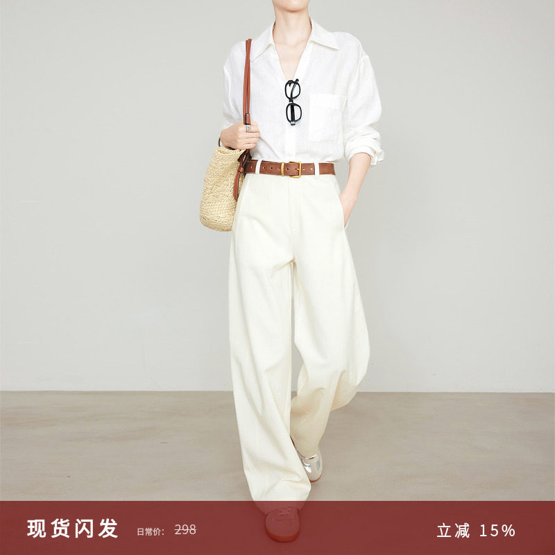 夏莫卡天丝棉米色阔腿裤女夏季老钱风裤子通勤休闲微弧香蕉裤7875,女装/女士精品,休闲裤,淘宝优惠券,粉丝福利购,淘宝优惠卷