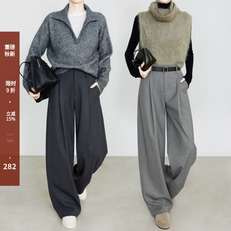 夏莫卡高智感通勤西装裤女2026秋混色仿羊毛可机洗灰色阔腿裤7082