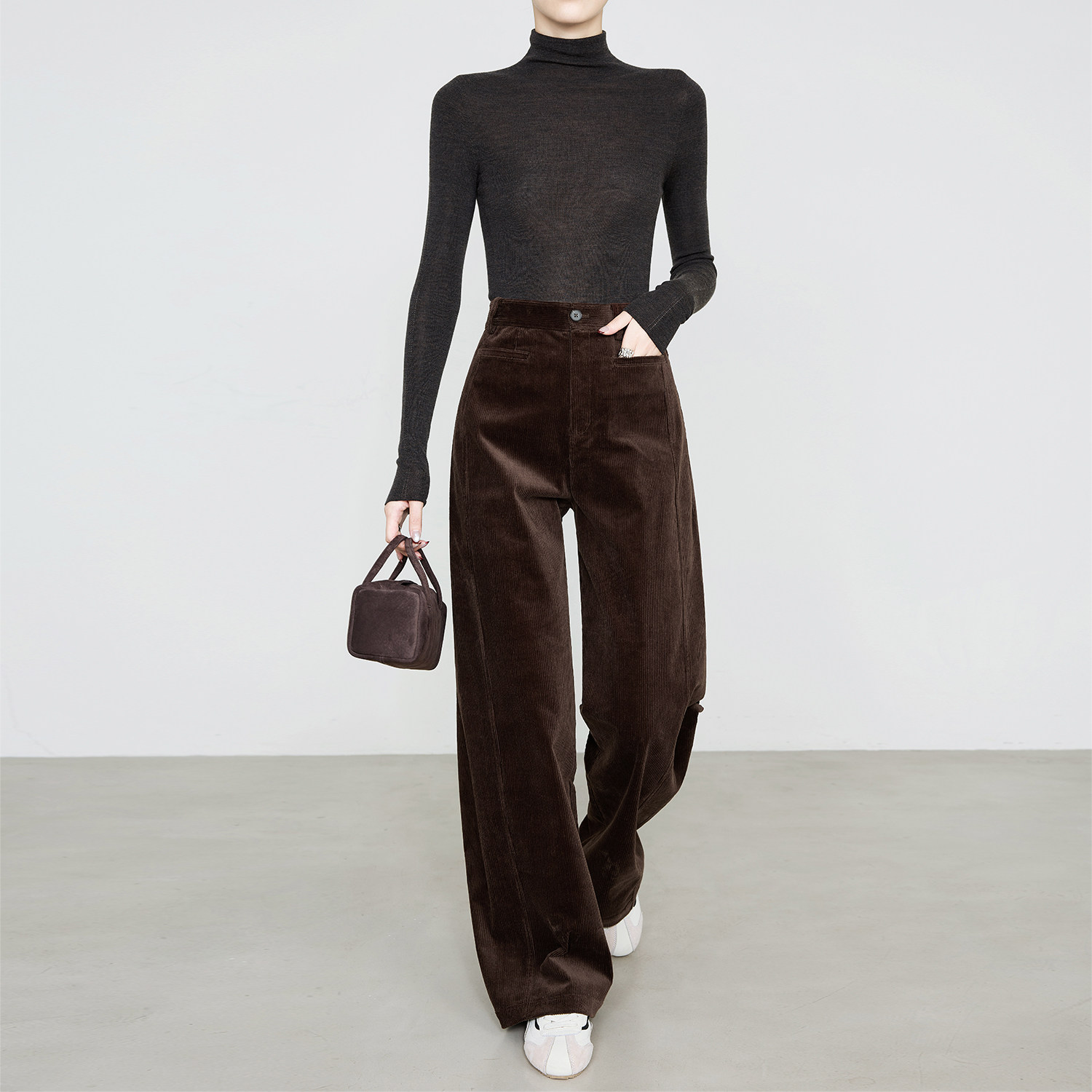 夏莫卡复古咖色弹力灯芯绒阔腿裤