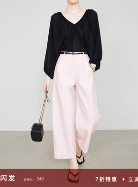 夏莫卡九分奶奶裤柔焦粉色裤子女夏季松弛感亚麻裤阔腿弯刀裤6798