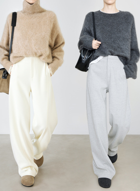 夏莫卡奶白色阔腿裤女秋冬加厚一体植绒毛呢裤卫裤醋酸羊毛裤7964