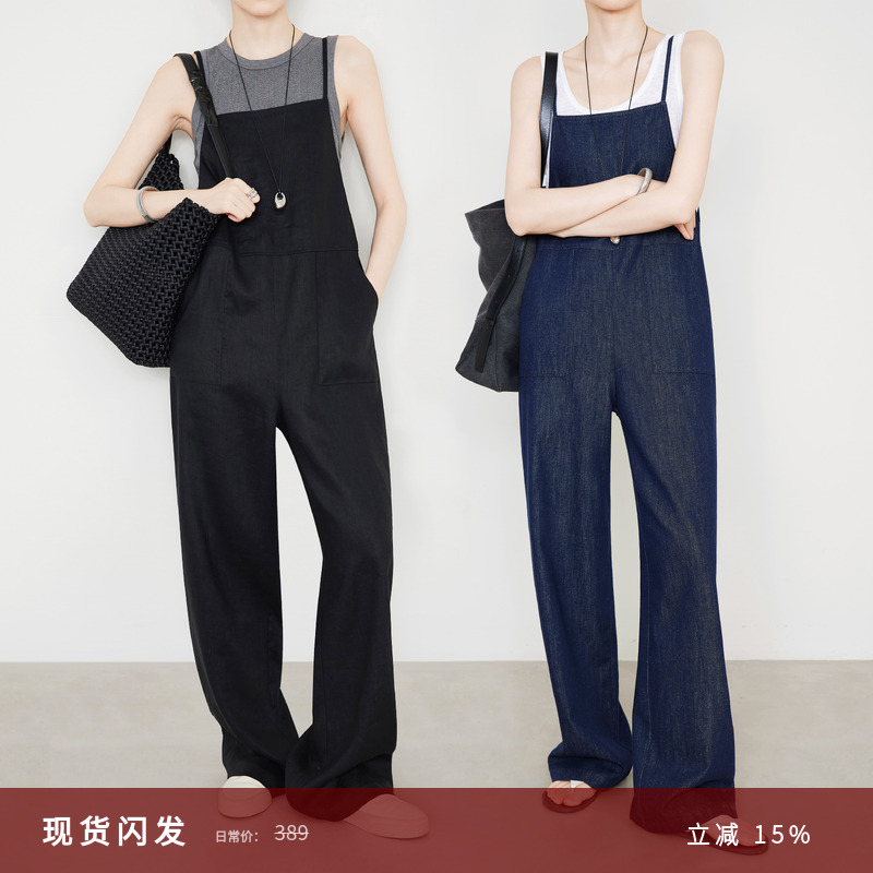 夏莫卡时髦减龄黑色亚麻背带裤