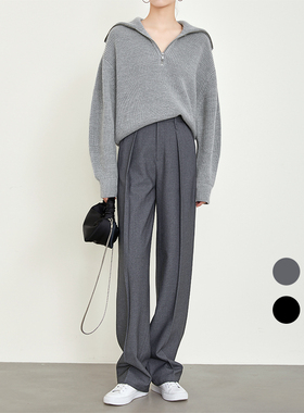 夏莫卡高级灰色西装裤老钱风裤子女羊毛阔腿裤通勤休闲直筒裤7508