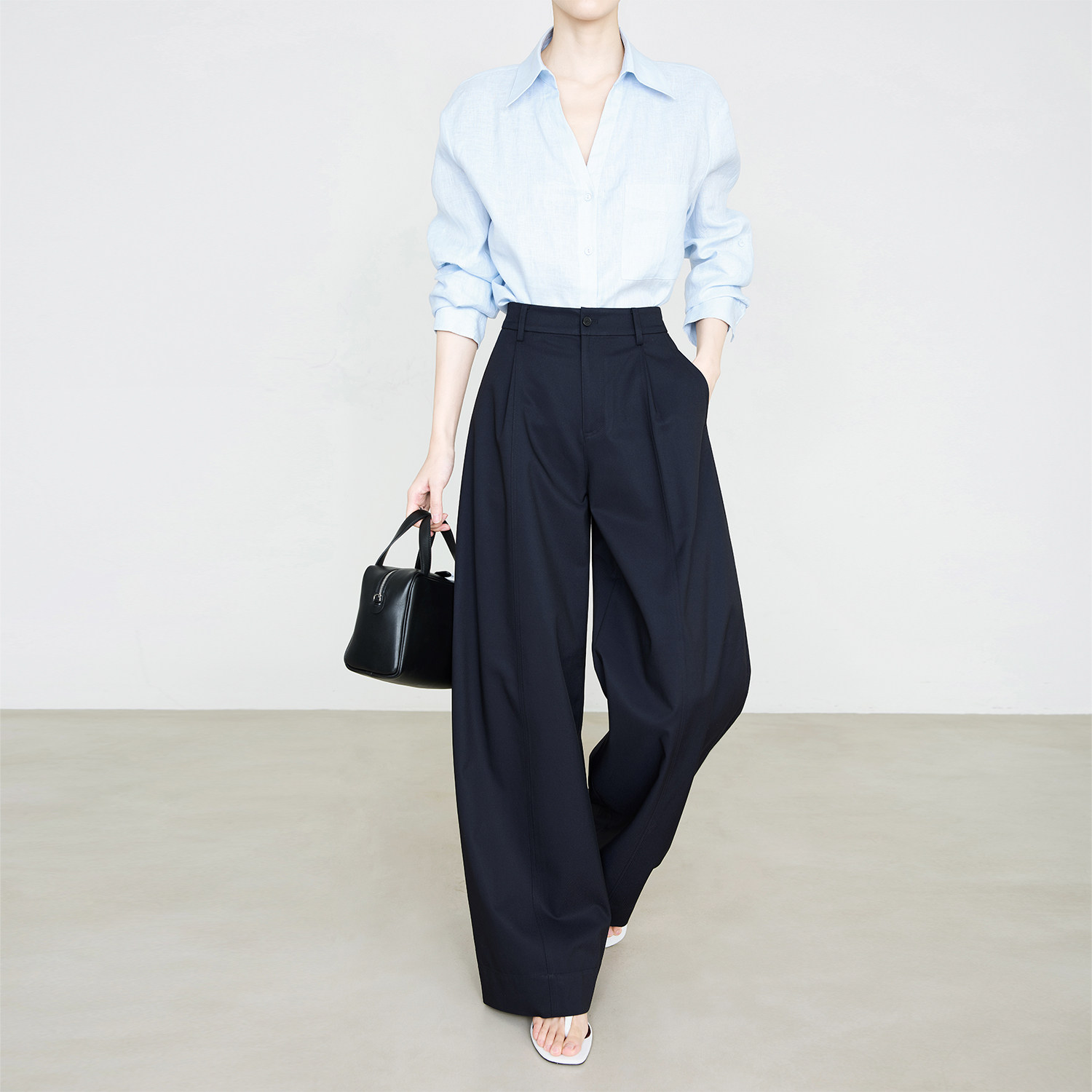 夏莫卡都市通勤深蓝色西装裤女春新品莫代尔桑蚕丝显瘦阔腿裤6888