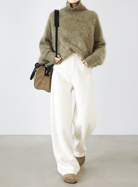 夏莫卡老钱风奶油白色裤子女秋冬加厚保暖强缩羊毛直筒裤加长9764