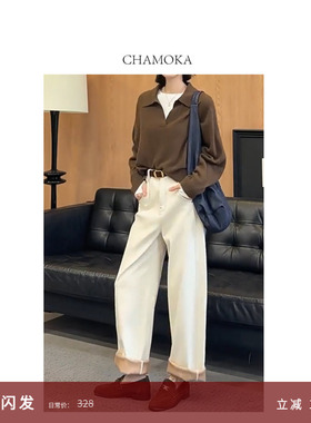 夏莫卡卷边牛仔阔腿裤女秋冬显瘦时髦三层松软夹心牛仔裤N8366