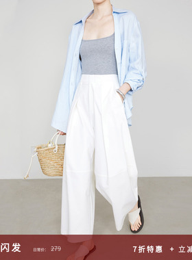 夏莫卡分割弧形八分气球裤白色裤子女宽松遮胯显瘦九分灯笼裤7866
