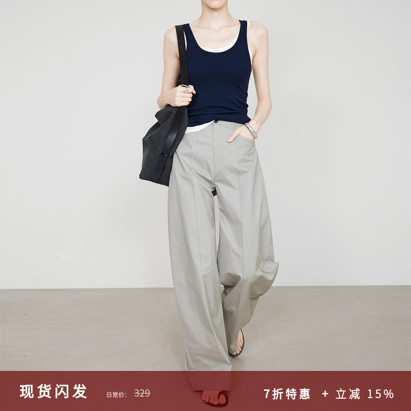 夏莫卡轻工装风时髦休闲阔腿裤