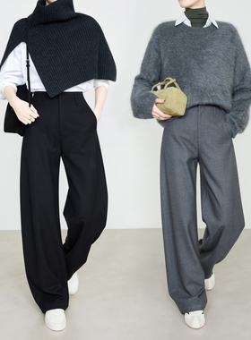 夏莫卡黑色西装裤女秋冬显瘦连腰微弯刀裤醋酸铜氨羊毛阔腿裤7924