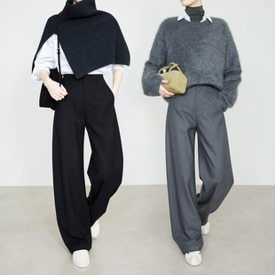 醋酸铜氨羊毛阔腿裤 女秋冬显瘦连腰微弯刀裤 7924 裤 夏莫卡黑色西装