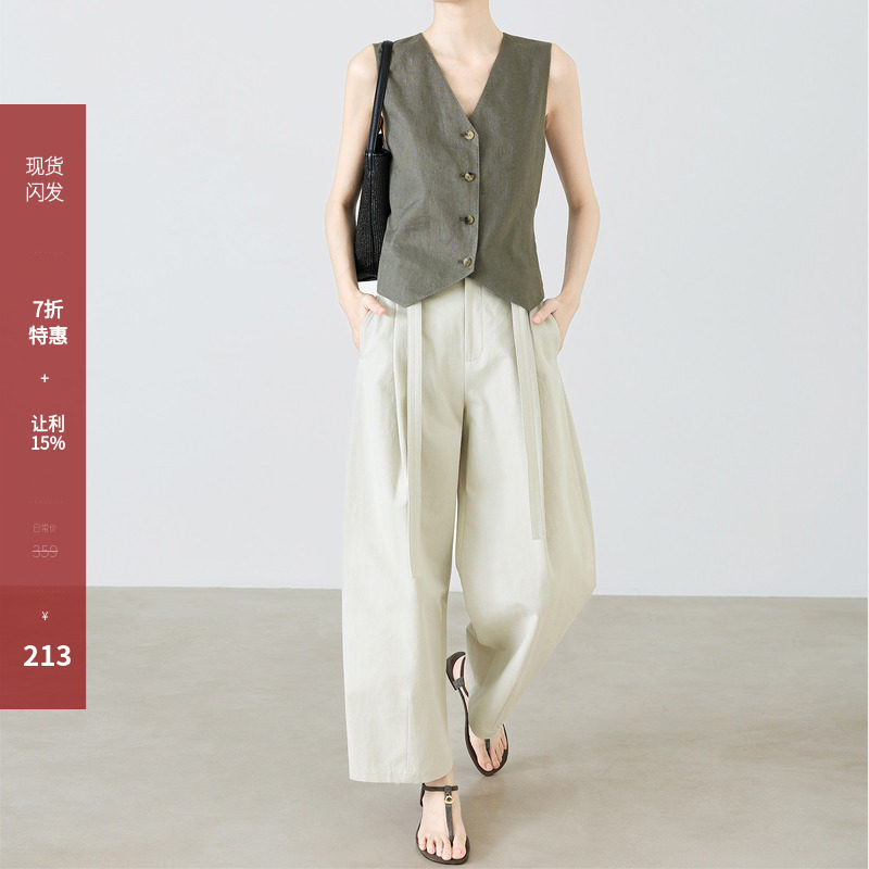 夏莫卡澳洲进口棉九分阔腿裤女2026新款侧缝米粒绣通勤西装裤9791