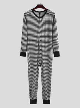 外贸春秋款纯棉失智病人男式长袖大码连体睡衣加连体家居服装