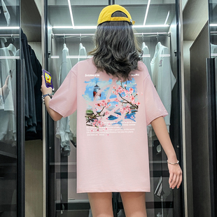 洋气中长款 纯棉短袖 新款 YZY原创设计潮牌藕粉色T恤女学生2023夏季